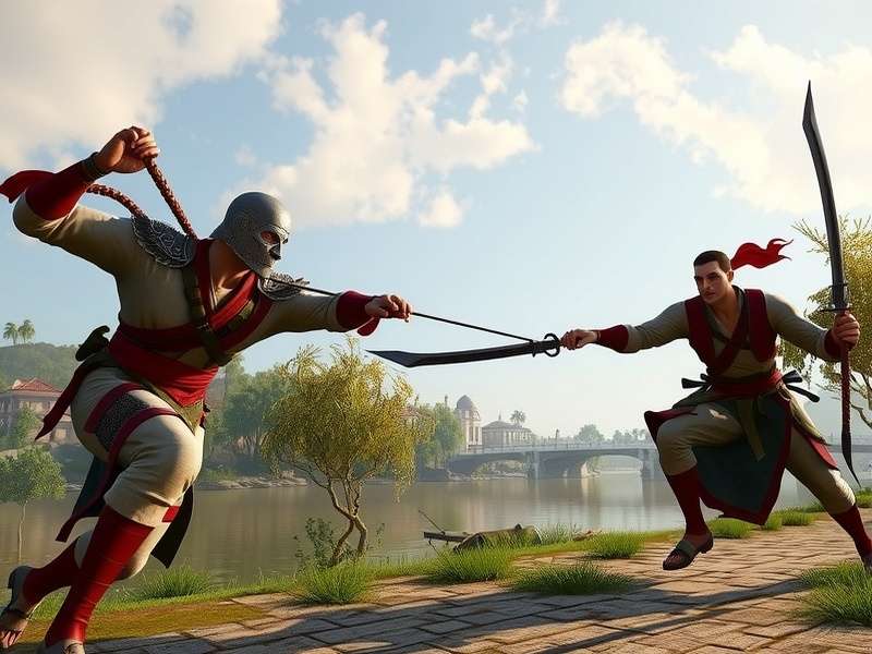 Assam Assassins FF gameplay screenshot showing players in traditional Assamesse costumes fighting near the Brahmaputra River